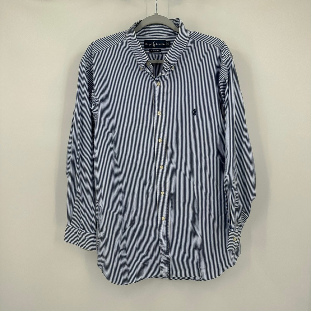 Ralph Lauren Mens Preppy Blue White Striped Oxford Shirt Size 17 32/33 Hamptons